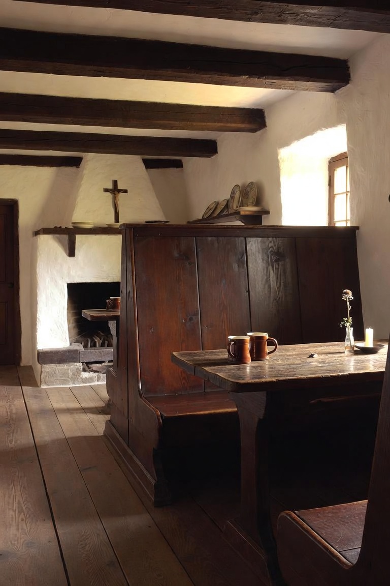 The Raupenhelm's dim taproom, a high-backed booth near a window, a hearth with a crucifix above it.