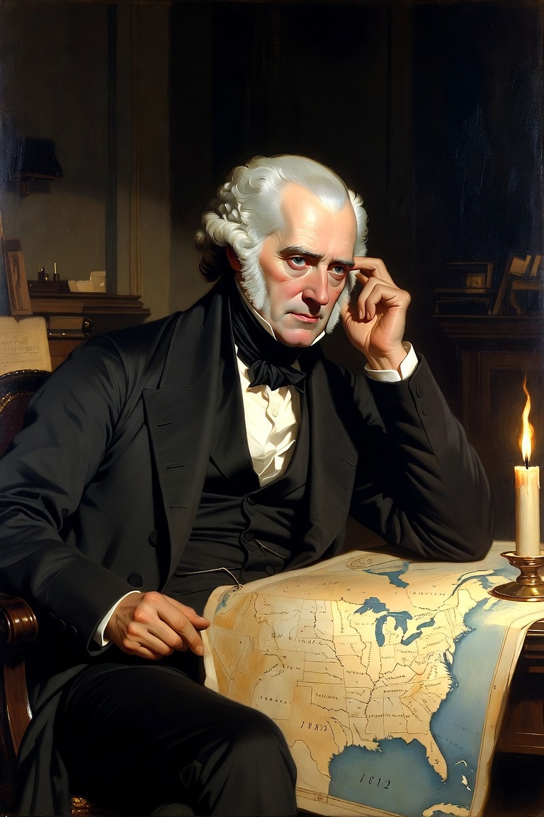 An older man with white hair, one hand to his temple, beside a candle and a map of the United States.