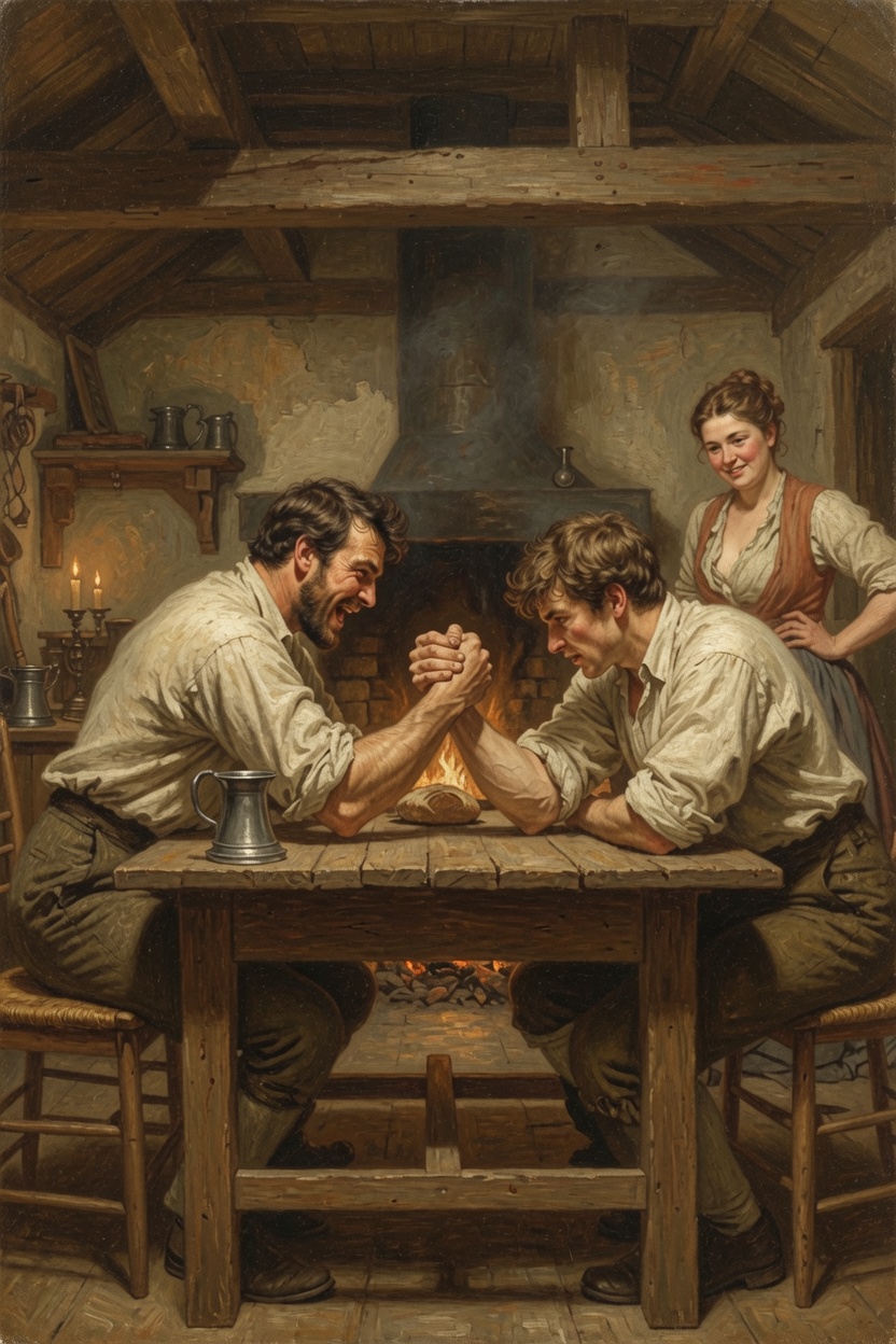 Ox arm wrestling his father at the fireside of their Devonshire cottage.