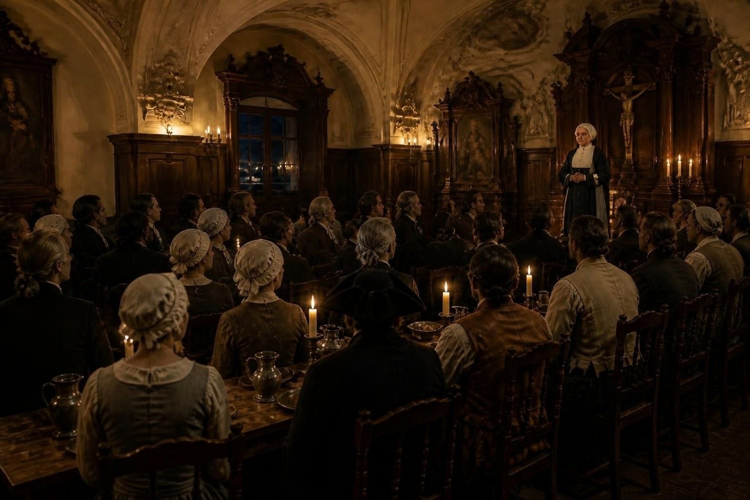A prioress stands before a candlelit dining hall of seated townspeople and clergy, listening.