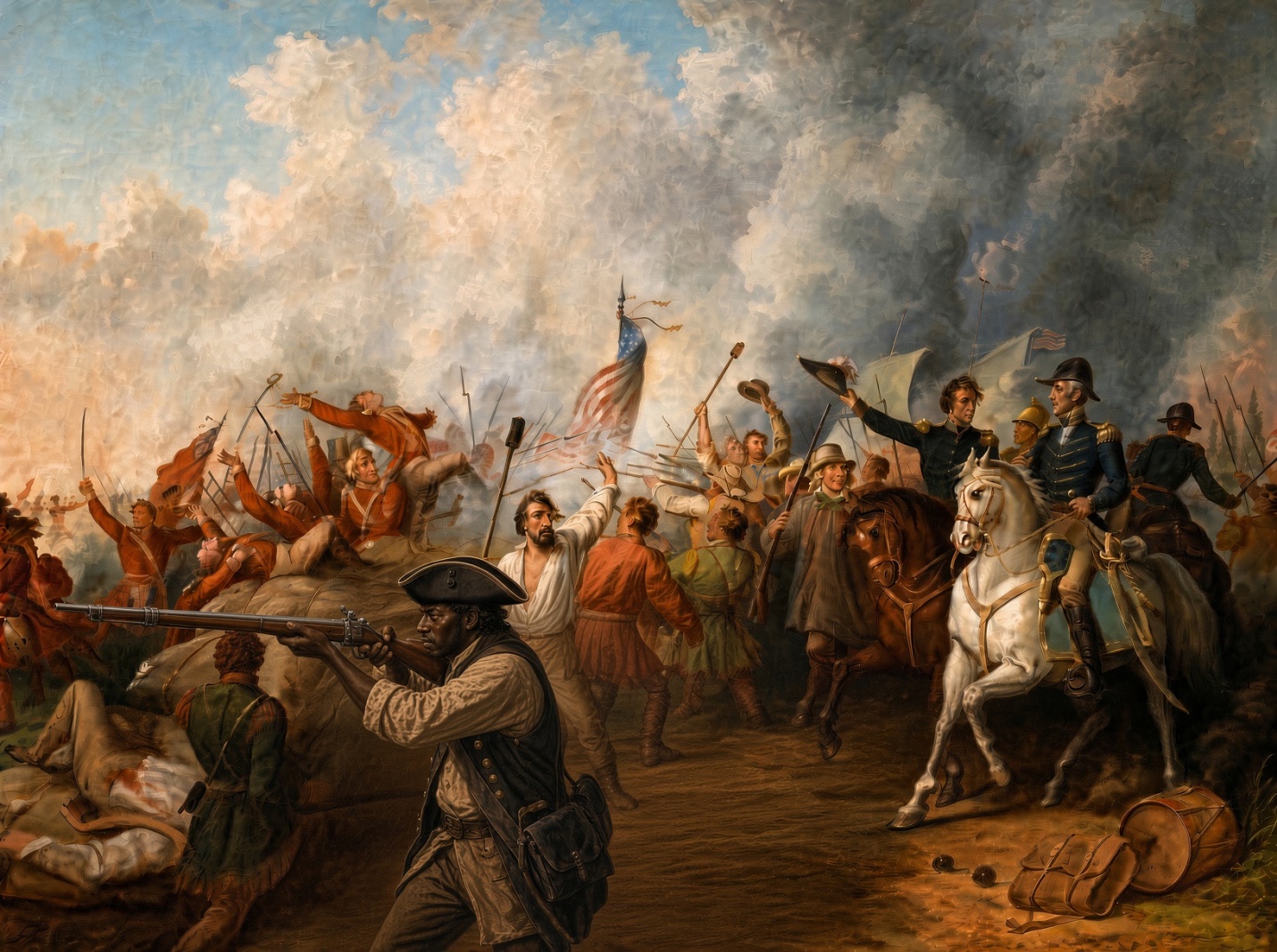American riflemen fire from behind cotton bales through battle smoke, a Black militiaman with a musket in the foreground, officers on horseback at the right.