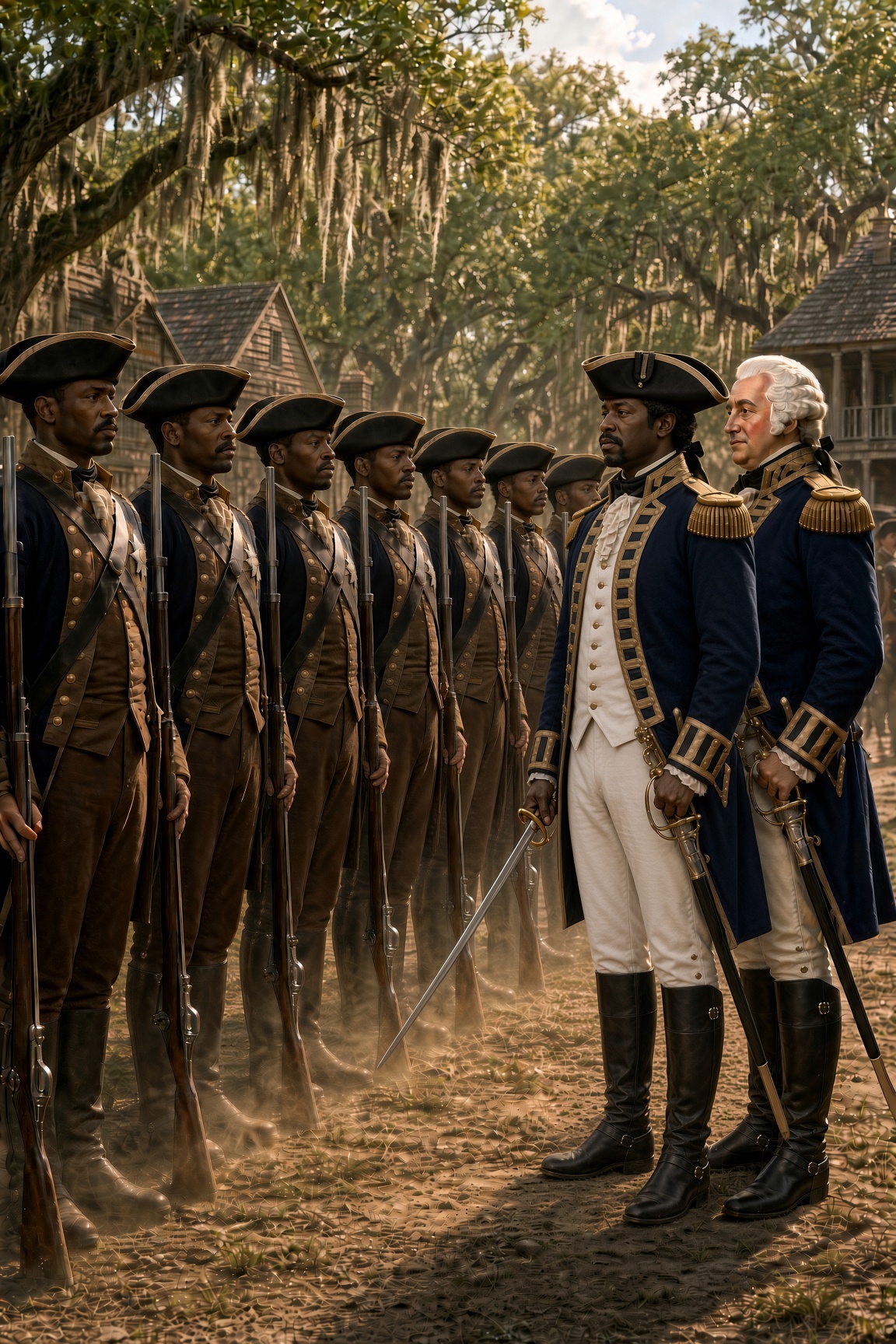 A line of Black militiamen under live oaks, with two officers in front of them.