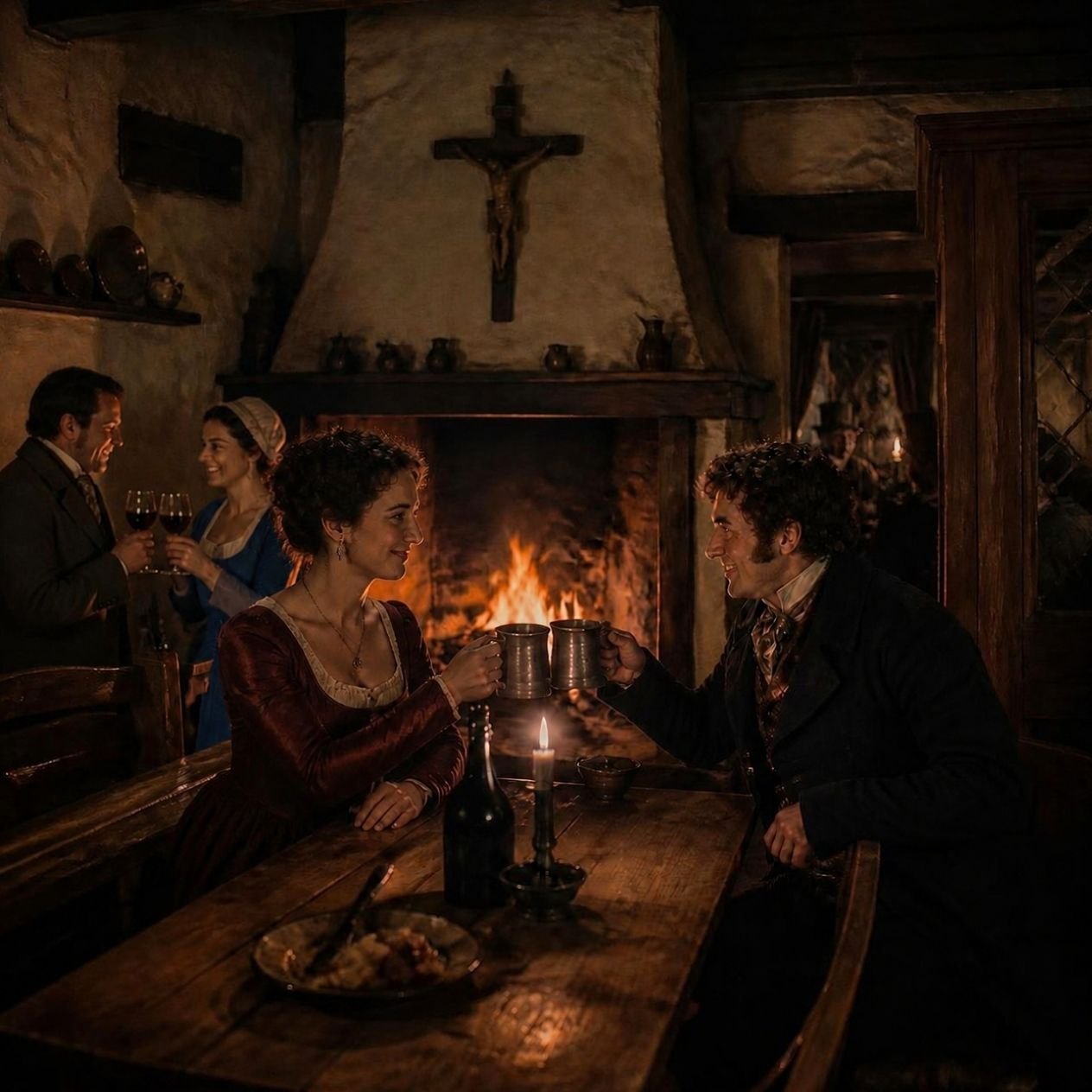 A woman and a man clink pewter mugs across a taproom table, a fire dancing behind them, a crucifix above the hearth.