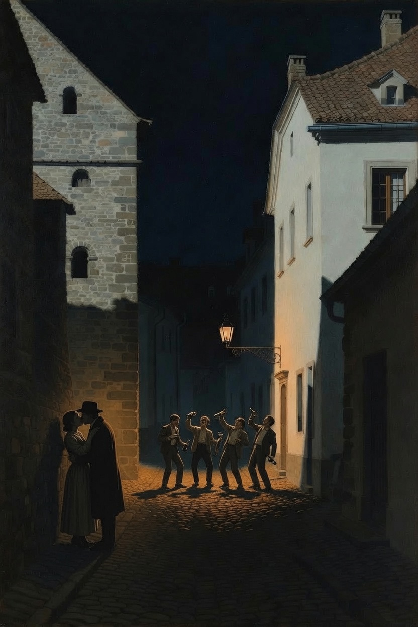 A dark cobblestone lane at night, one working lamppost, a couple in shadow near the stone tower, a group of men drinking further down the alley.