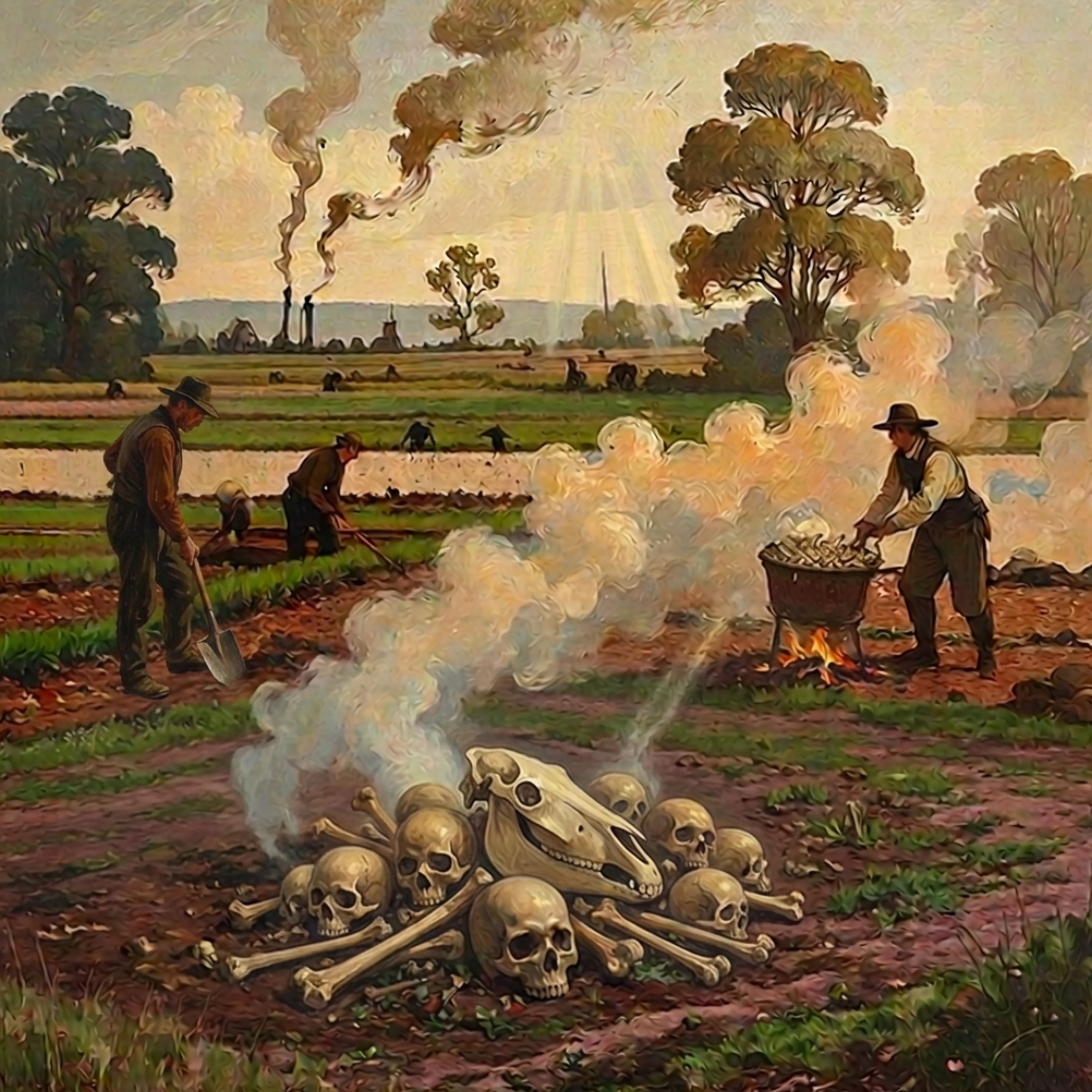 Farmers tending a field, smoke rising from a kettle fire, a pile of human and horse skulls and bones in the foreground.