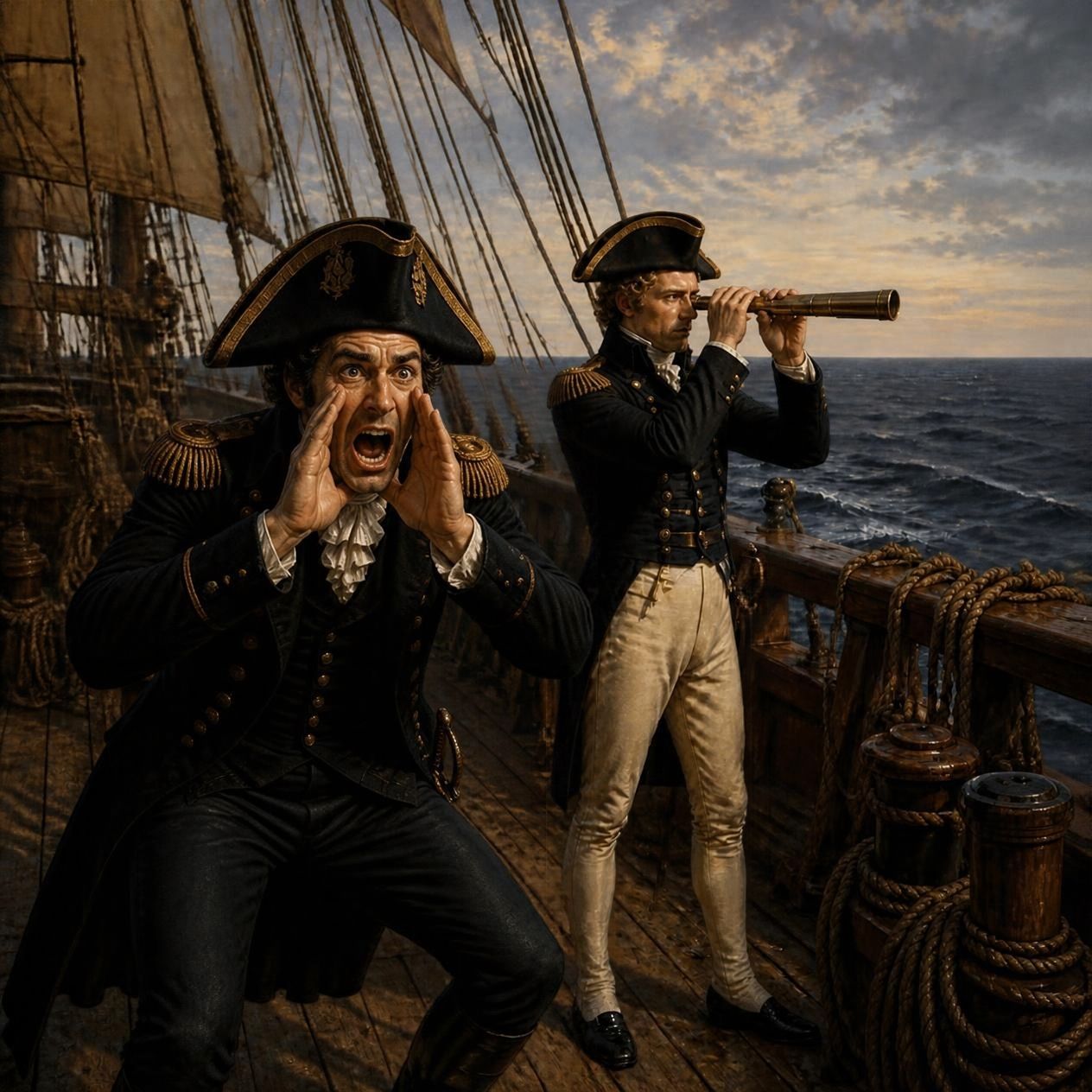Captain Voss crouched on the deck with both hands at his mouth, shouting an order, while Lieutenant Reilly keeps his telescope on the enemy.
