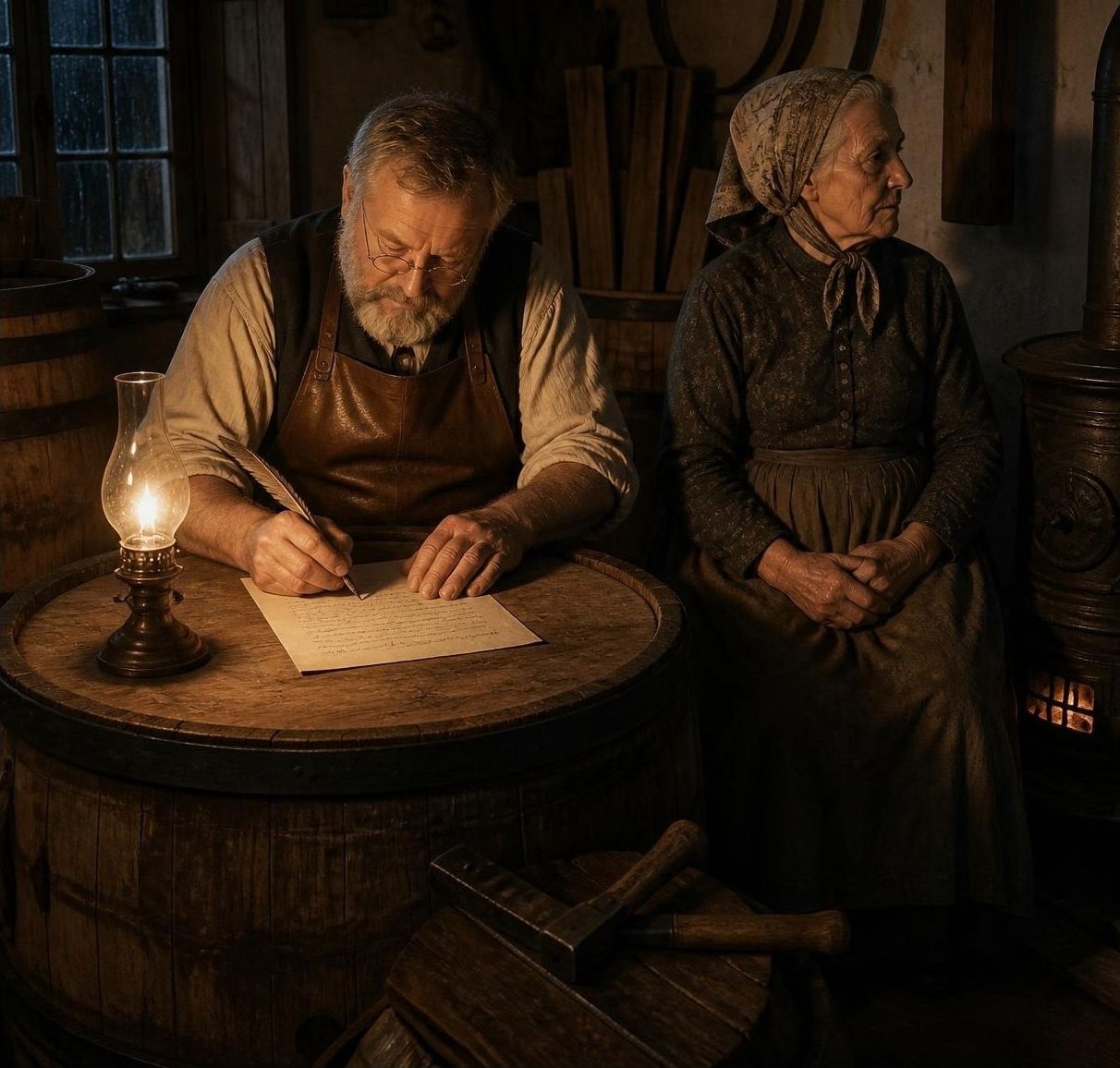 An old cooper in a leather apron and spectacles writes with a quill on a half sheet of paper laid on a cask head, an oil lamp beside him, while an old woman in a headscarf sits beside him looking away; rain on the window and a lit stove behind.