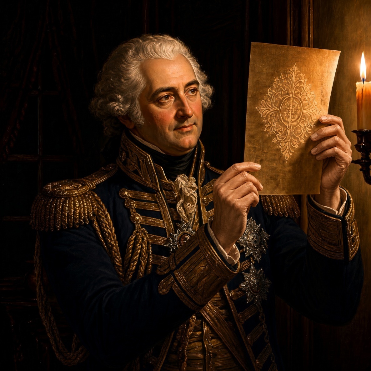 An older officer in a gold-laced blue uniform with stars holds a sheet of paper up to a candle.