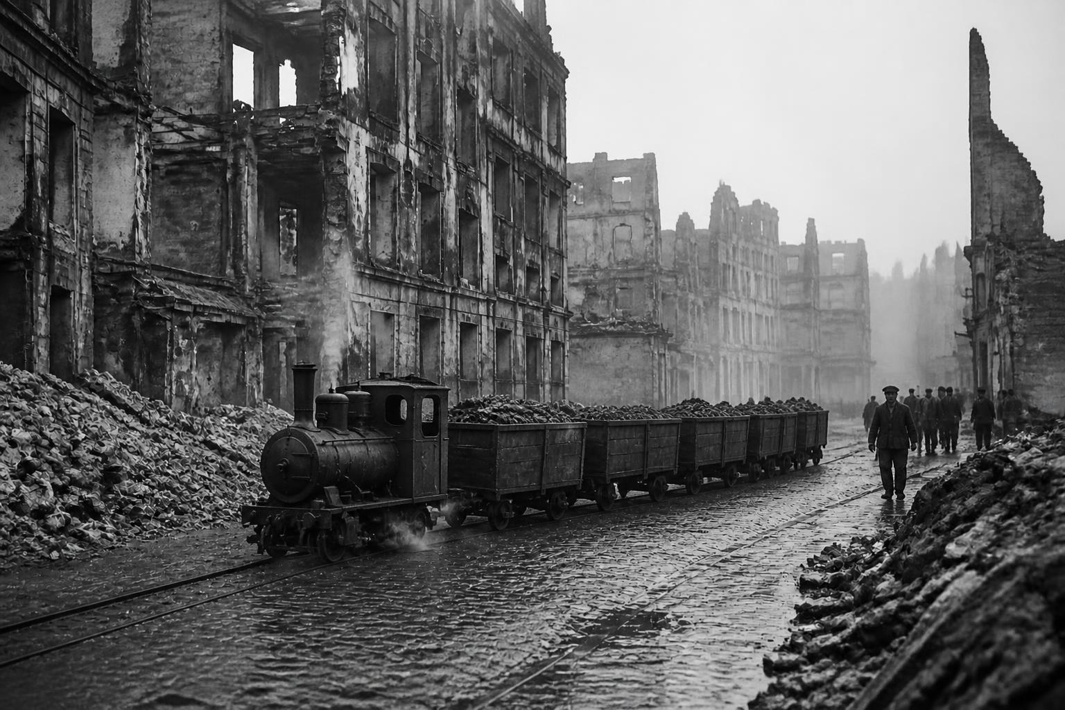 A small rubble-train hauling cartloads of debris down a cobbled street between gutted, roofless buildings.
