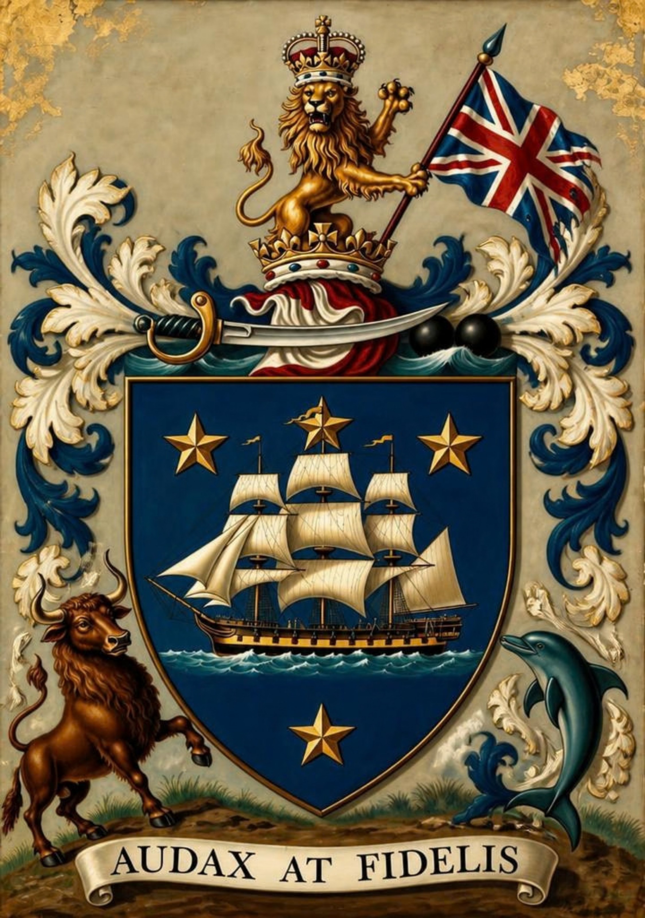 The Voss coat of arms: a ship under sail on a blue field, lion and crown above, bull and dolphin supporters, motto Audax at Fidelis.