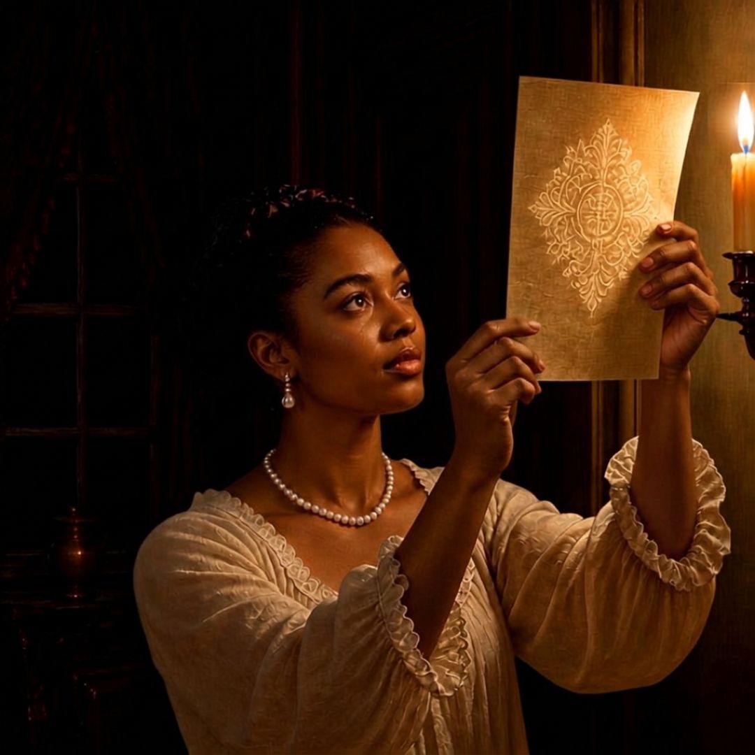 A woman in a cream gown and pearls holds a sheet of paper up to a candle, studying the pattern in it.