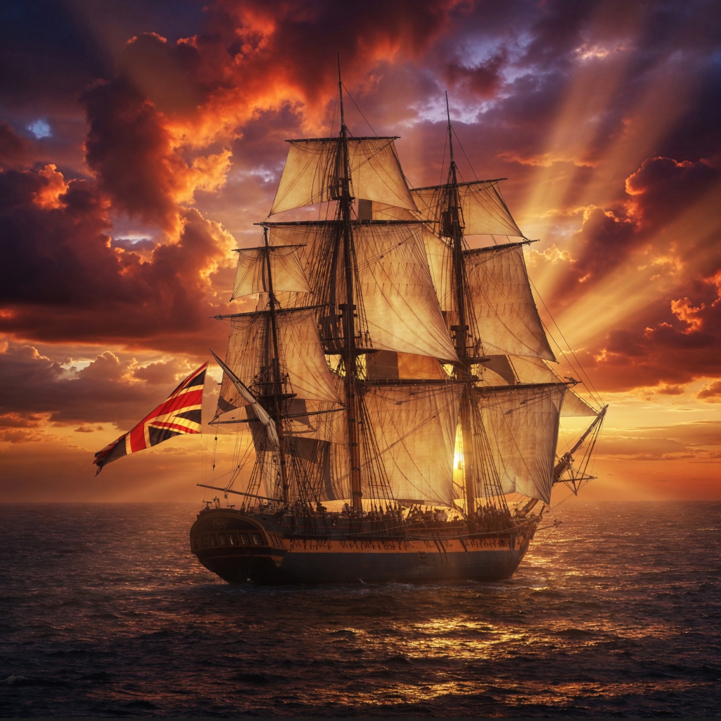 HMS Falcon under full sail against a blazing sunset, a Union Jack at her stern.