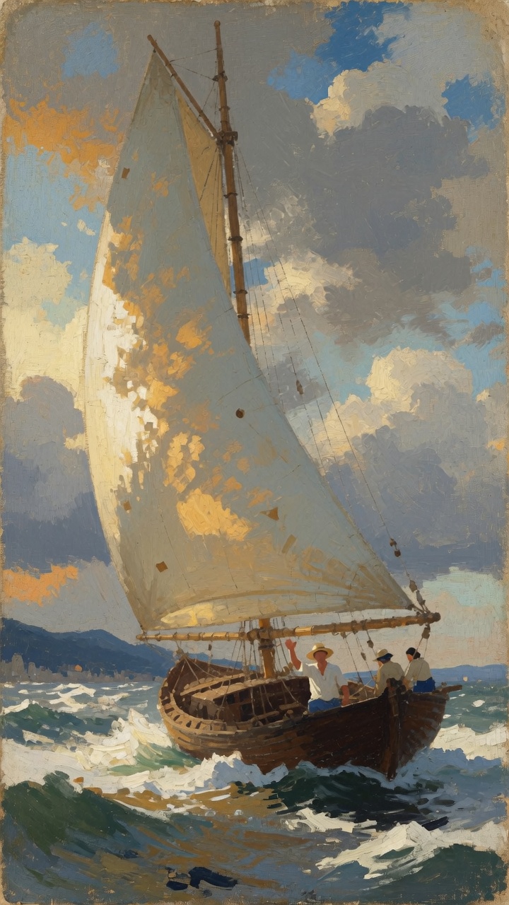 A felucca under full sail cresting a wave, three men aboard, one waving his hat.