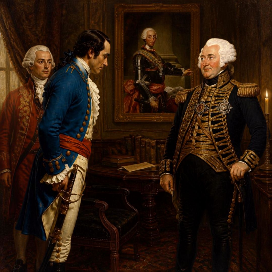 Two men face each other in a Spanish study under a portrait of a king, a third man watching from the left.