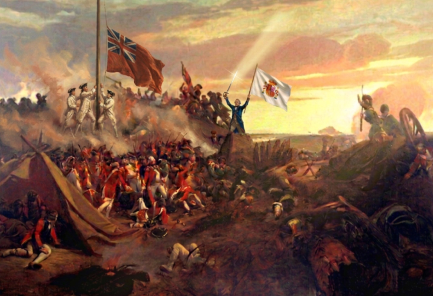 A man on a rampart holds a raised sword and a Spanish flag while British soldiers lower the red ensign and fighting rages below.