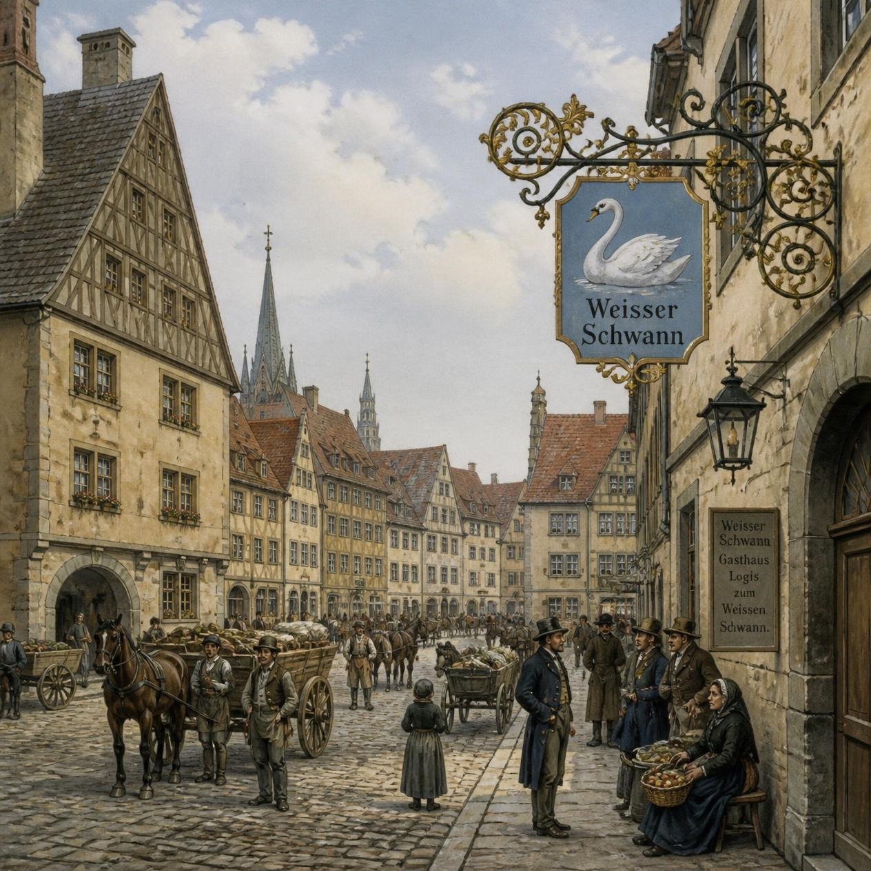 A market street in old Würzburg, the Weisser Schwann sign hanging over the cobbles.