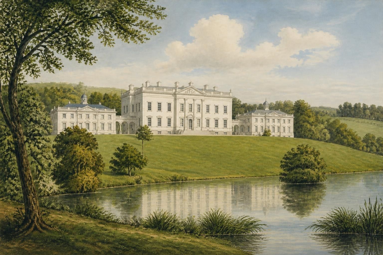 Voss Court's Palladian south façade above the lake.