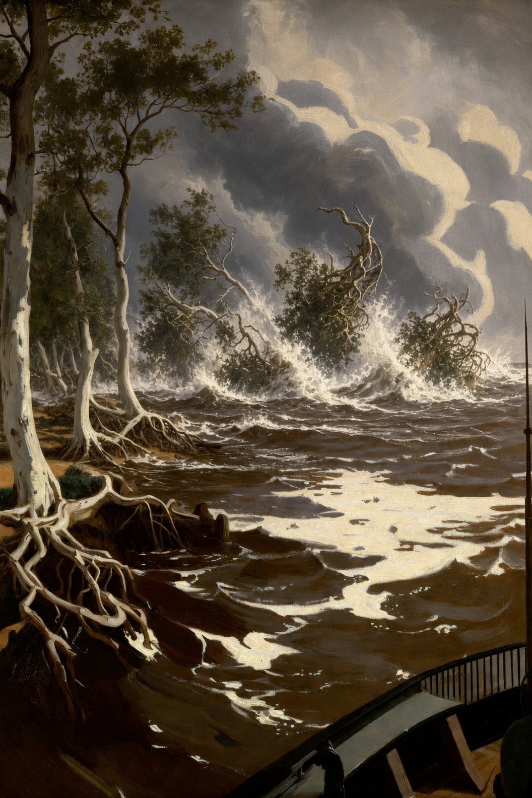 A river in storm, trees toppling into brown churning water, a steamboat rail in the corner of the frame.