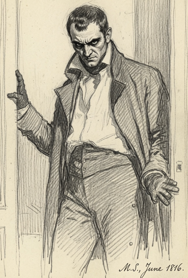 A pencil sketch of a man in a doorway, initialed M.S., June 1816.