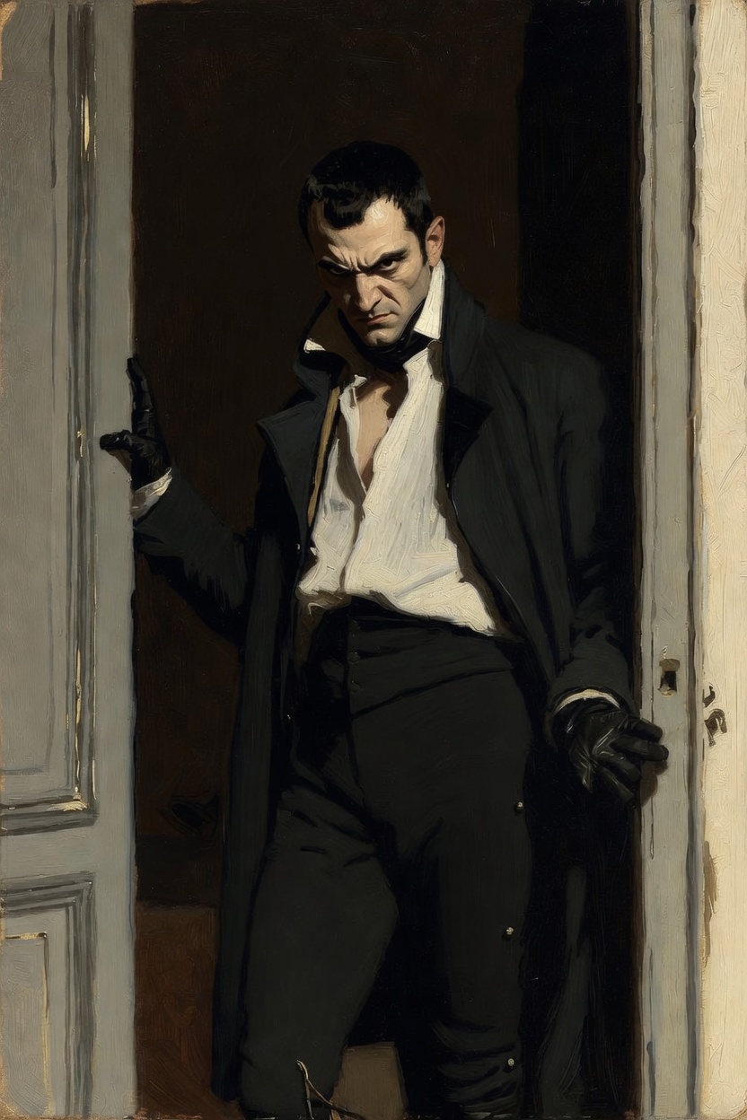 A man in a dark coat standing in a doorway, gloved hand raised, an unreadable expression.