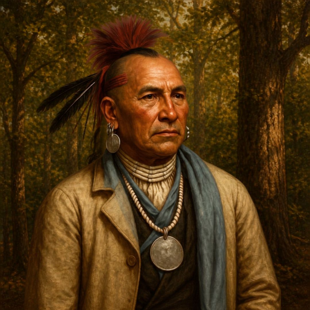 Portrait of a Miami war chief in a tan coat and blue scarf, a large silver medallion on his chest, standing in a wood.