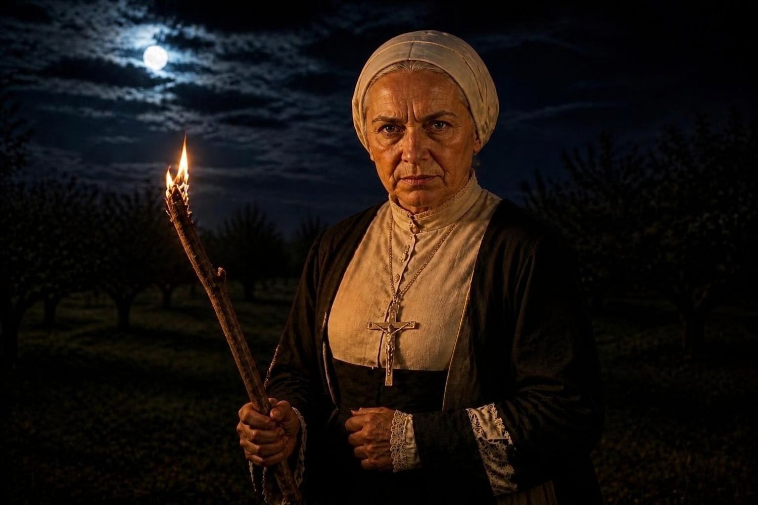 An older nun in a white wimple and crucifix stands in a moonlit orchard holding a burning stick.