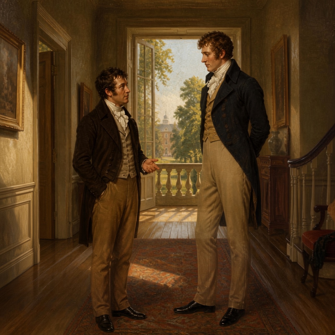 Two young men in frock coats talking in a hallway, one much taller than the other, a lawn and brick building beyond an open door.