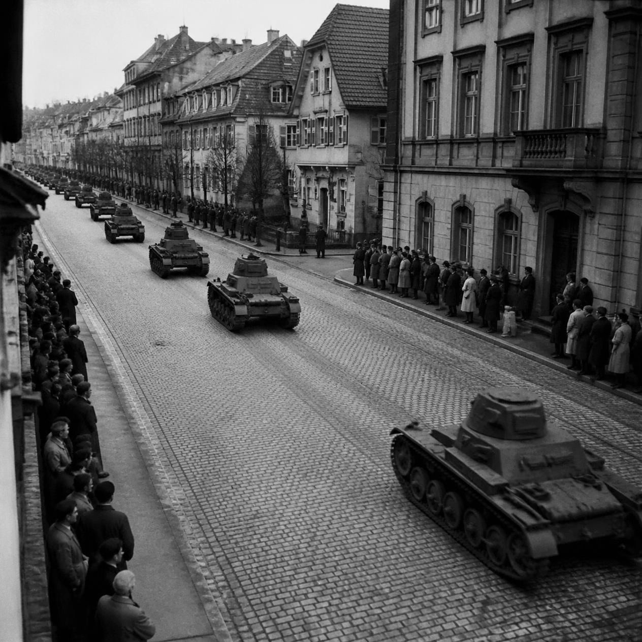 A column of Panzer I tanks moving down a cobblestone street between tall townhouses, crowds watching from the sidewalks and balconies.