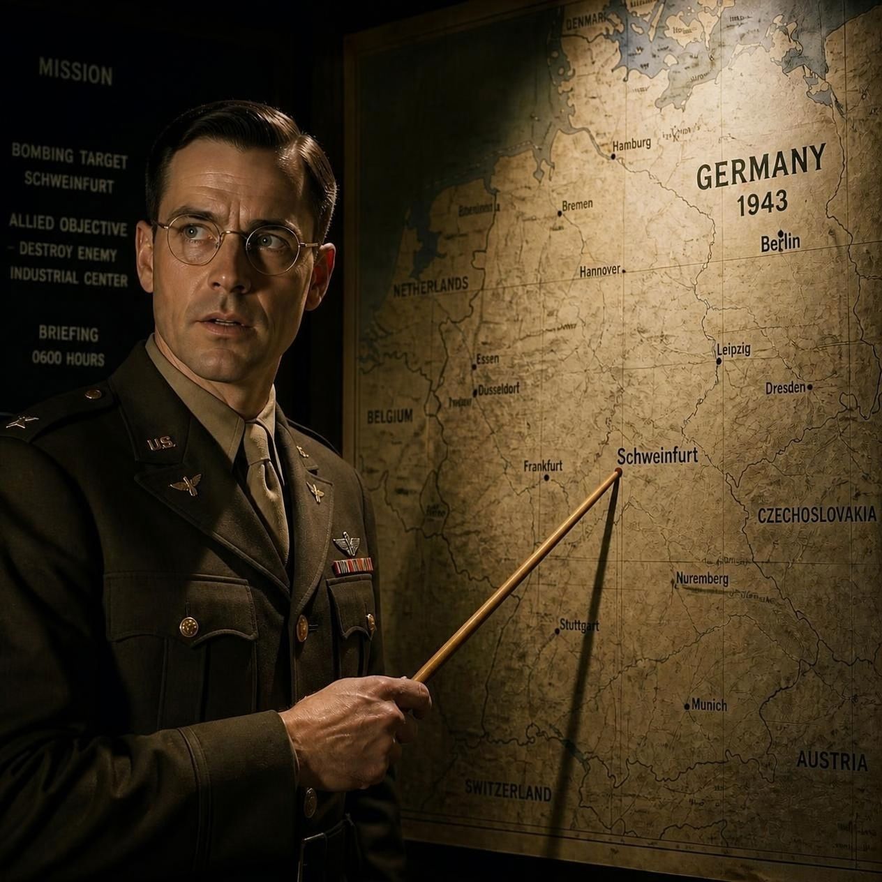 An American officer in glasses pointing a wooden pointer at Schweinfurt on a wall map of Germany during a target briefing.