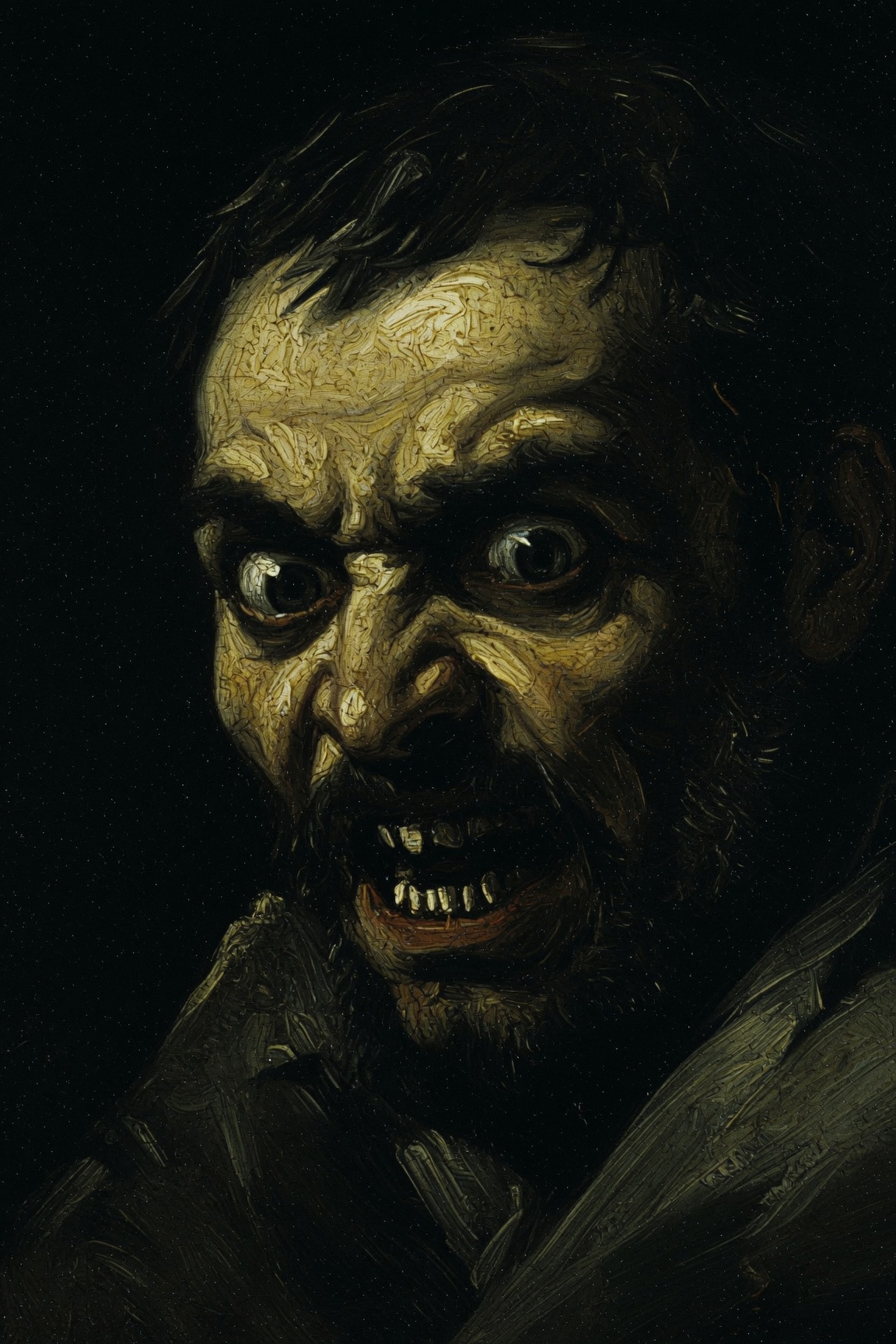 A dark, menacing portrait of a wild-eyed, snarling man, lit from below, in the manner of Goya's Black Paintings.