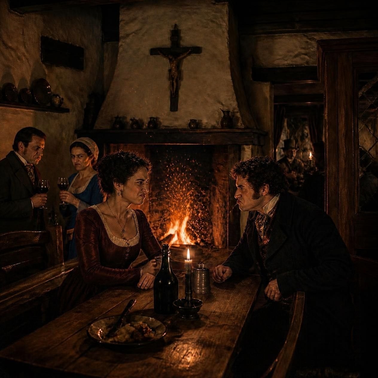 A woman and a man lean in over a taproom table, both scowling in a mock spit after the toast, two onlookers behind them grimacing, sparks rising from the fire.