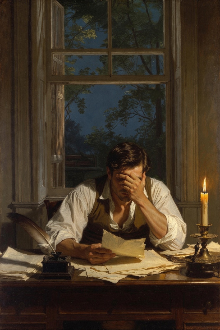 A man sits at a candlelit desk with a hand over his face, a letter in the other.