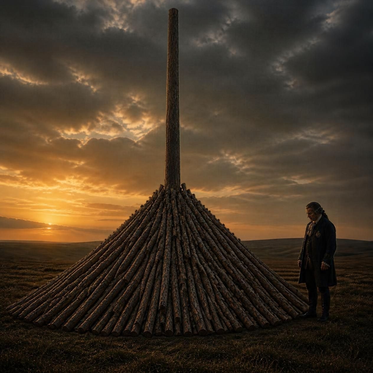 A great cone of stacked logs around a tall central pole at sunset on an open moor, the Hexenkommissar in a powdered wig and dark coat standing beside it, looking down.