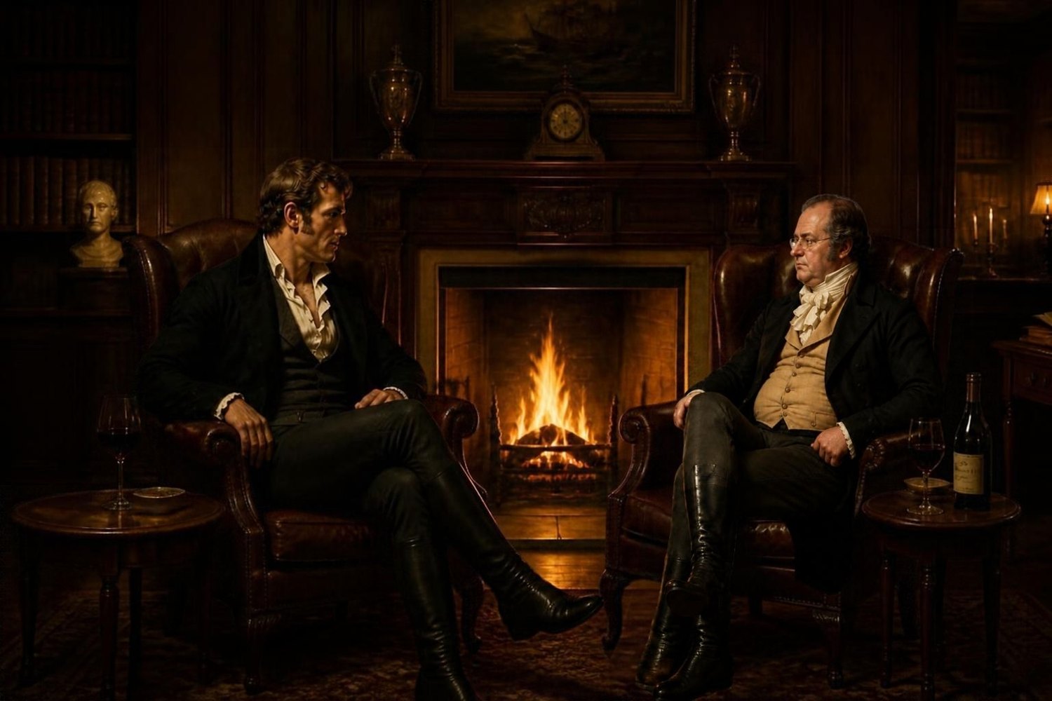 Ox and Glew sit in leather wing chairs on either side of the library fireplace at Voss Court, a glass of red wine at each elbow.