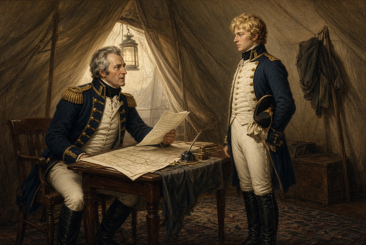 A young blond naval officer stands at attention in a tent before an older general seated at a table of maps and papers.