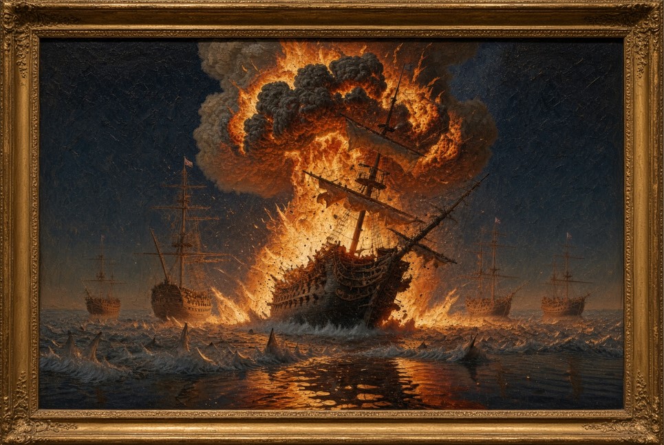 HMS Queen Charlotte exploding at night, other ships standing off, in a gilt frame.