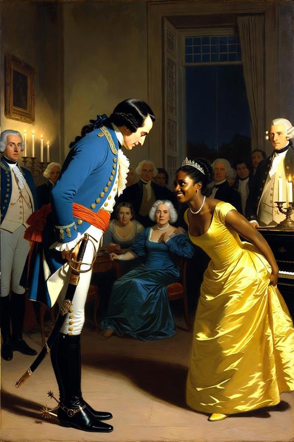 A man in a blue coat bowing low over a woman's hand in a yellow gown, at a candlelit evening gathering, other guests watching.