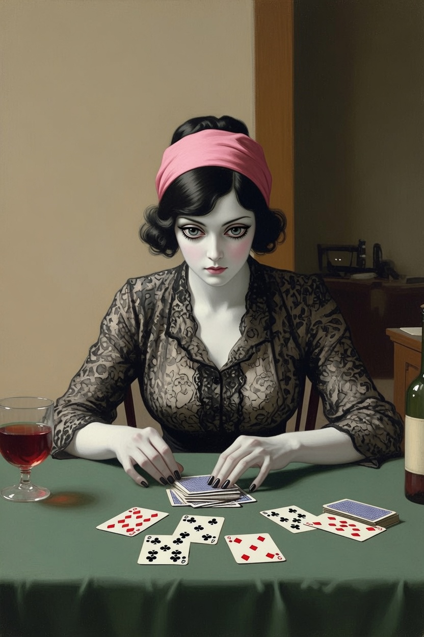 A stylized portrait of a dark-haired woman in a sheer lace blouse playing cards at a green baize table, a glass of wine beside her.