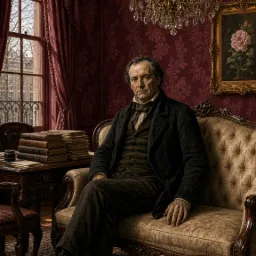 A man seated in the parlor, in dark formal dress, a portrait of flowers on the wall behind him.