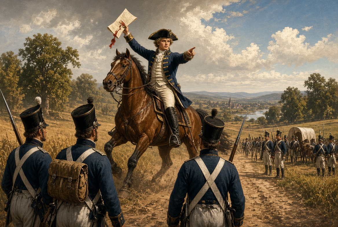 A young officer on horseback holds up a sealed paper before ranks of blue-coated infantry.