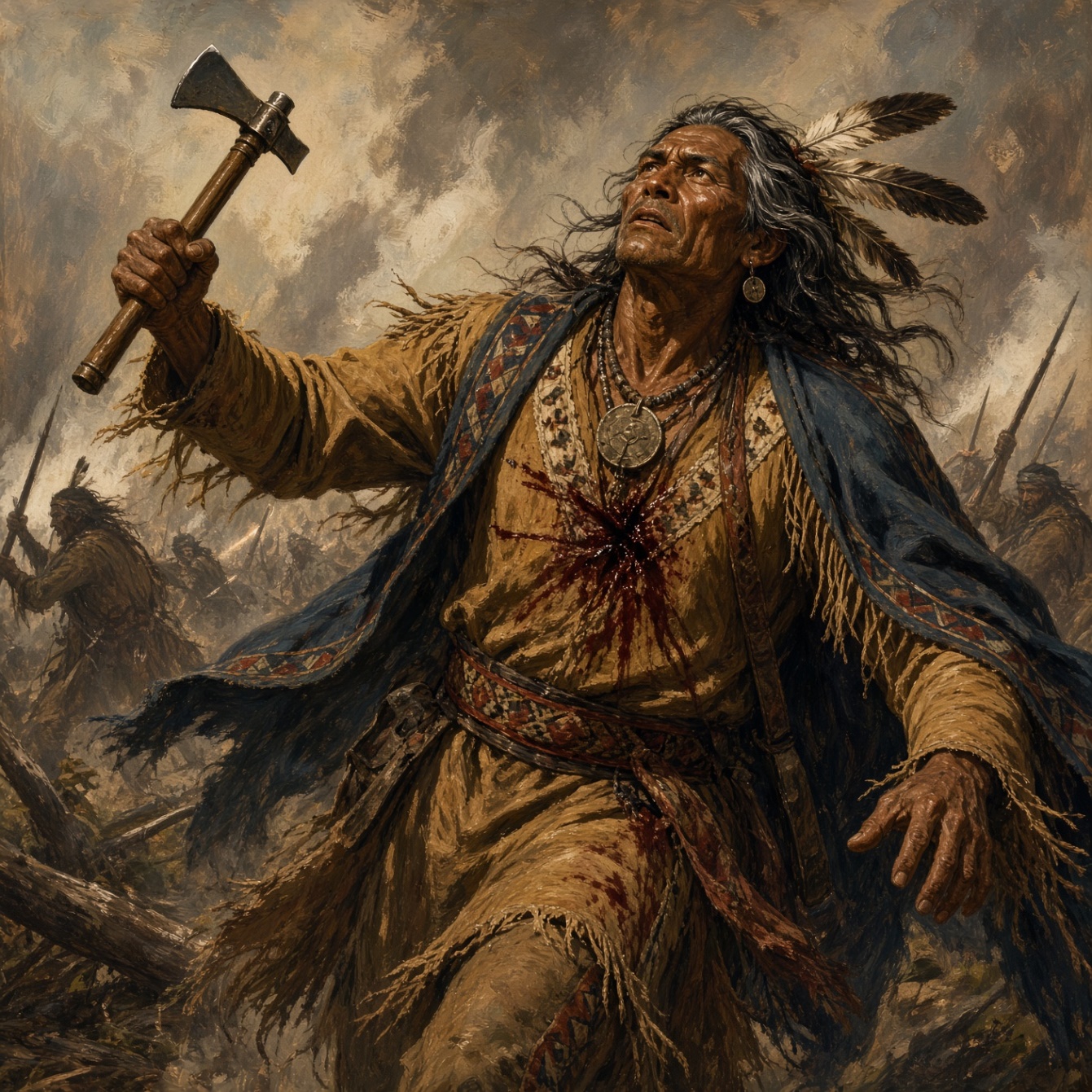 A wounded Shawnee warrior in fringed buckskin raises a tomahawk, a smoky battlefield behind him.