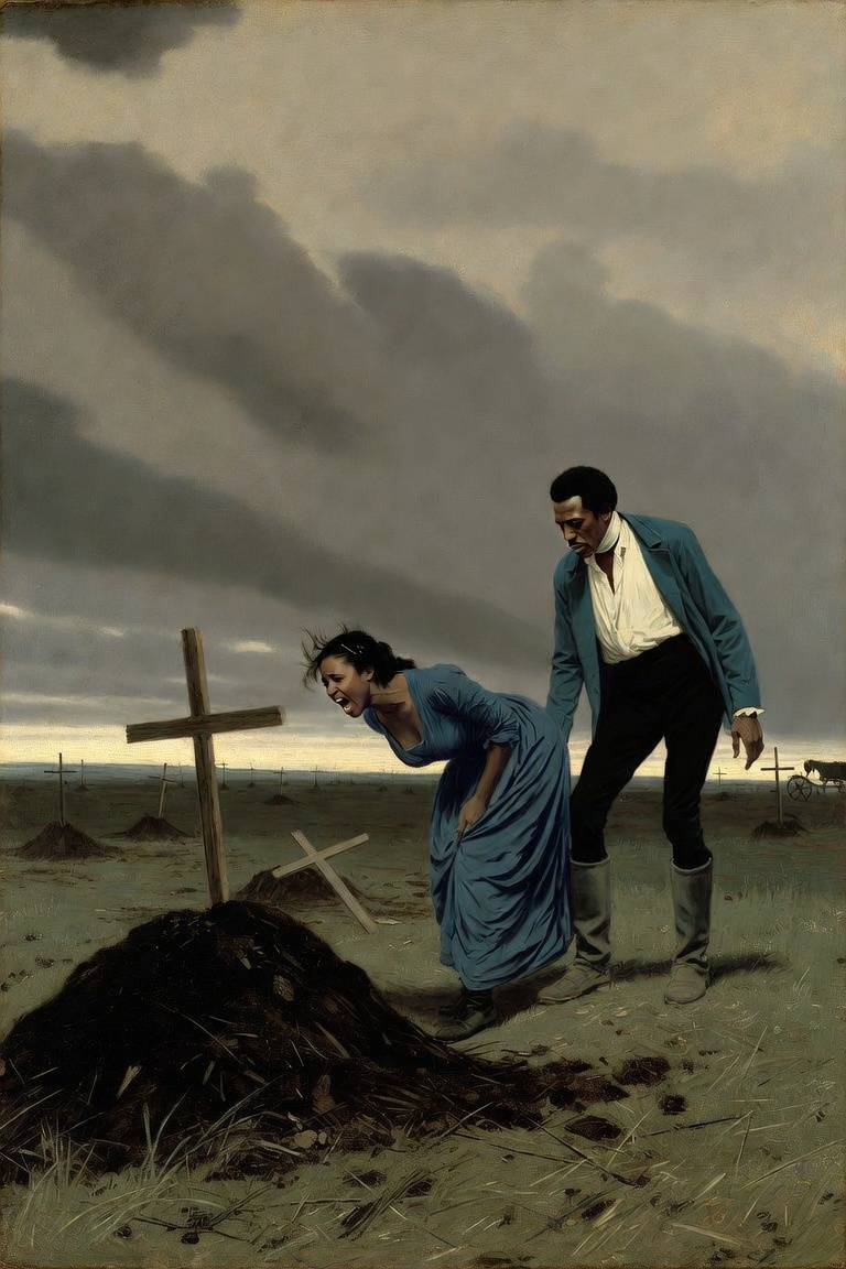 A woman in blue bent over a fresh grave among a field of plain wooden crosses, crying out, a man beside her steadying her.