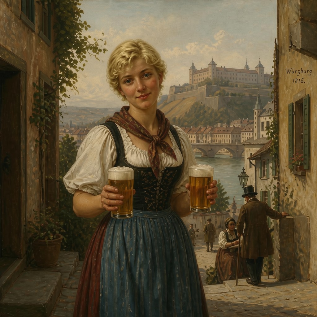 Anna, blonde hair, carrying two beers, the Alte Brücke and Marienberg fortress visible behind her in the lane.