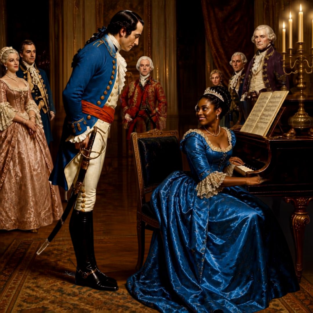 A Black woman in a blue satin gown playing a grand piano by candlelight, a man in uniform looking on, dignitaries in the background.