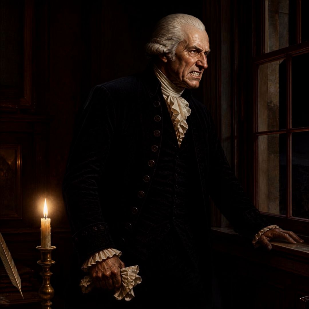 An older man in dark 18th-century dress grimaces with anger beside a candle and a window, a handkerchief crushed in his hand.
