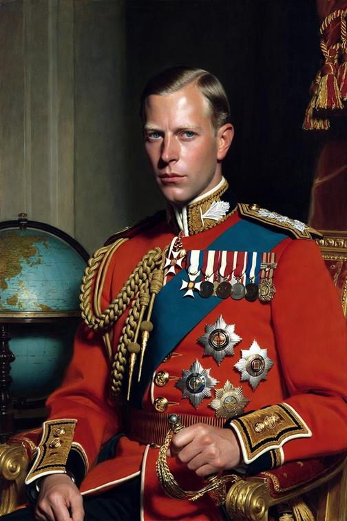 A formal portrait of King George VI in red military dress uniform, medals and sashes across his chest, a globe beside him.