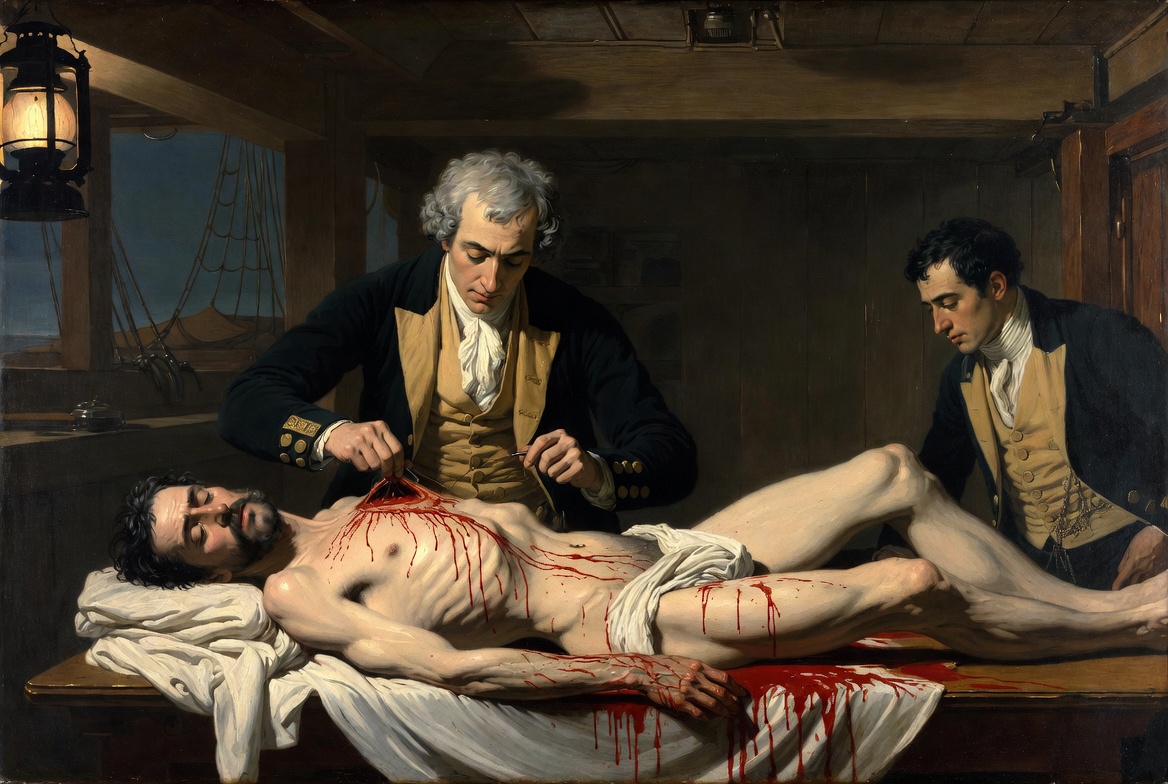 Two naval officers perform surgery on a thin bearded man lying on a table in a ship's cabin, a lantern at the left.