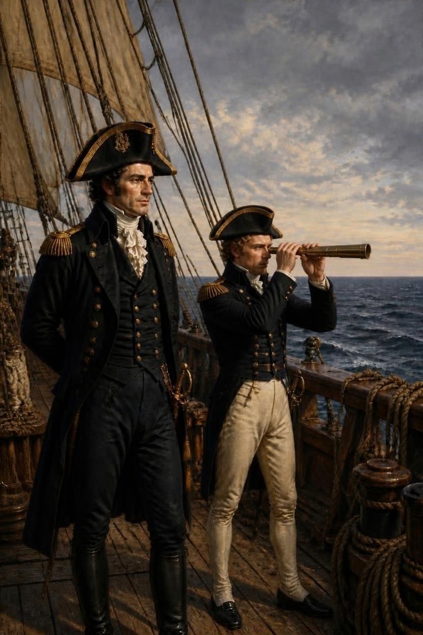 Captain Voss standing calmly on the quarterdeck, hands clasped behind him, while Lieutenant Reilly raises a brass telescope to the horizon.