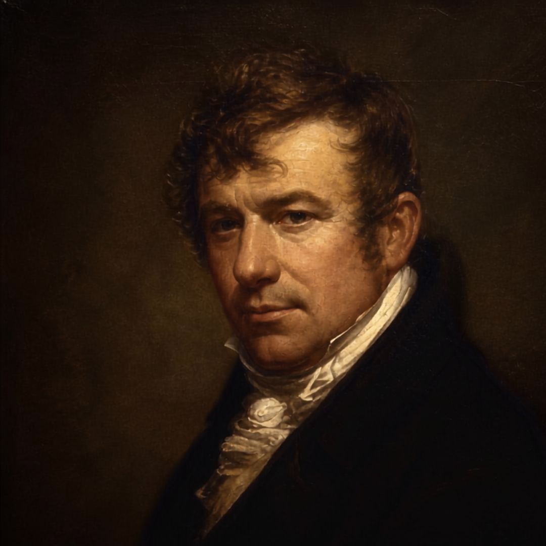 Portrait of a curly-haired man in a dark coat and white stock against a dark background.