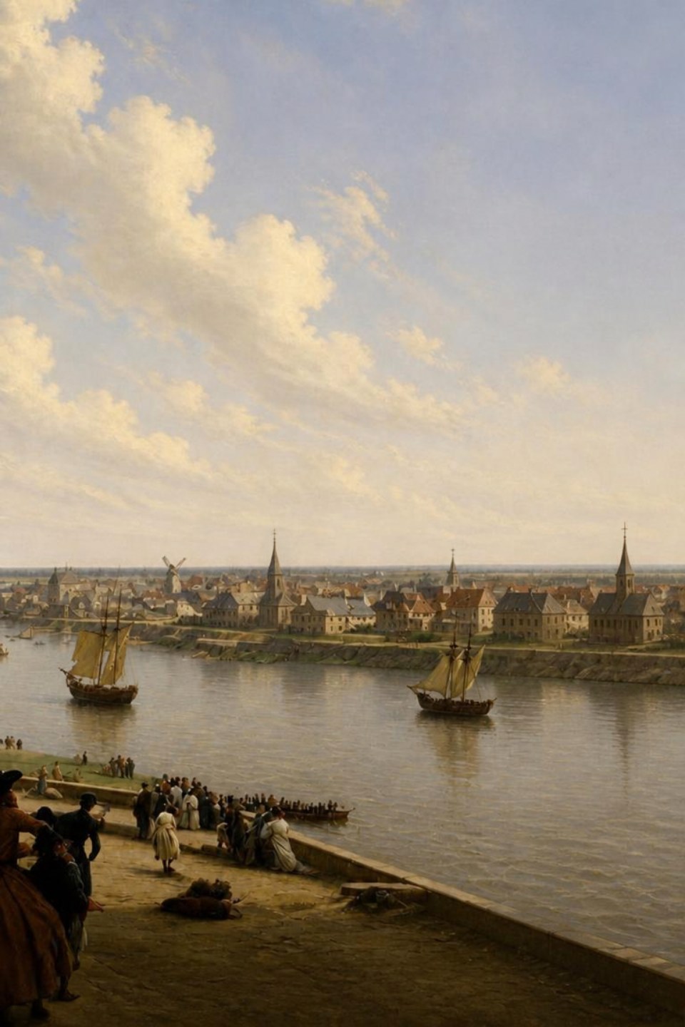 New Orleans seen from across the Mississippi before the fire of 1788: church spires and a windmill on the skyline, sailing ships on the river, townspeople gathered on the levee.
